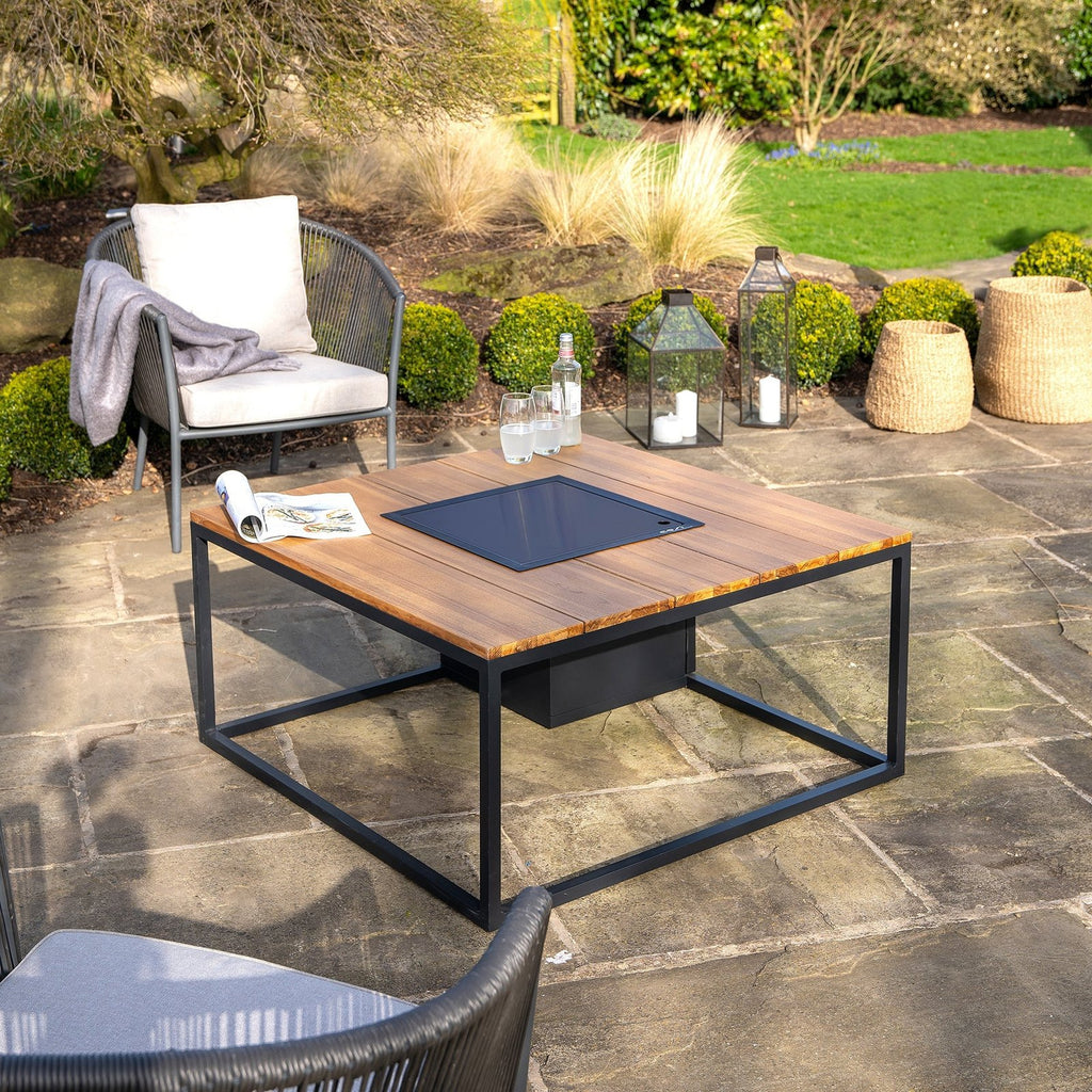 Cosi Cosiloft 100 Square Gas Fire Pit Coffee Table, Black Frame with Teak Top