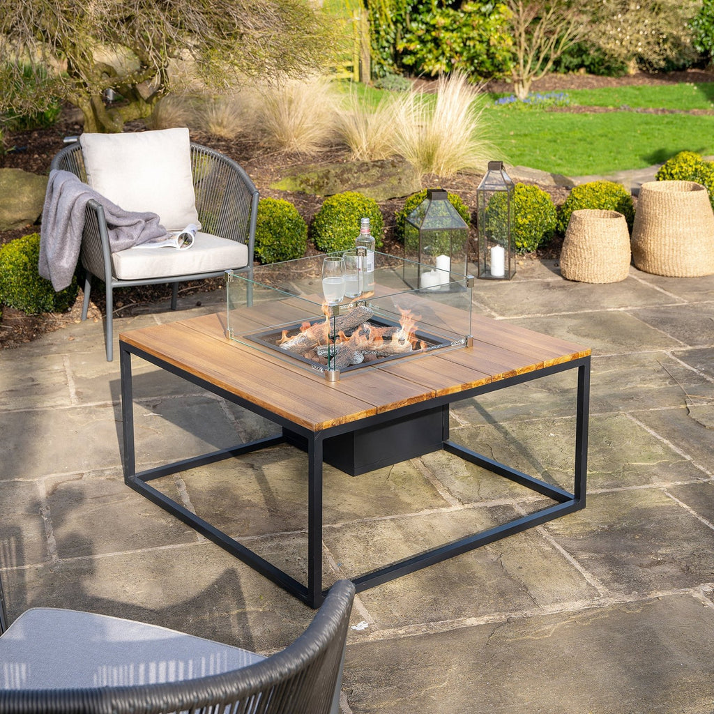 Cosi Cosiloft 100 Square Gas Fire Pit Coffee Table, Black Frame with Teak Top