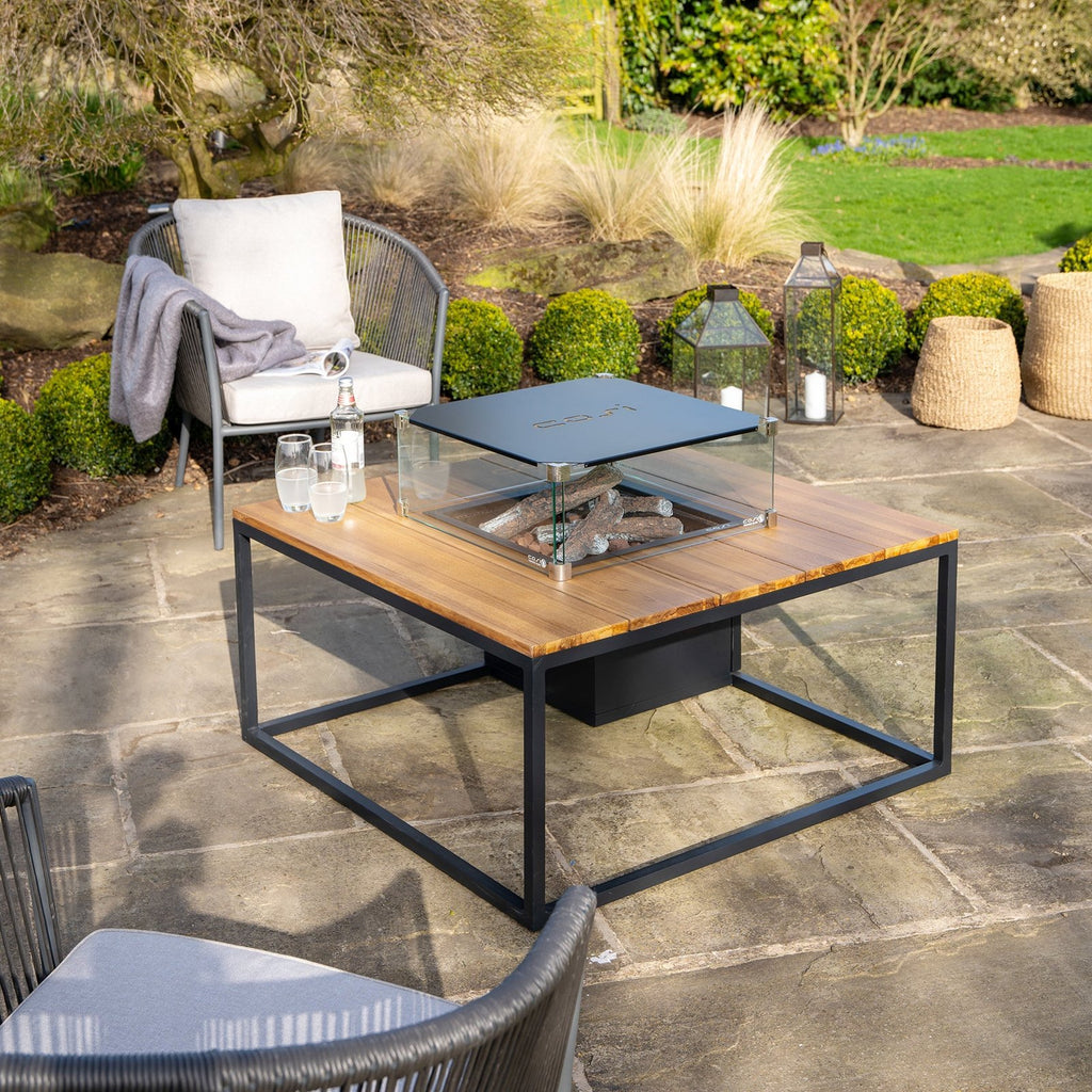 Cosi Cosiloft 100 Square Gas Fire Pit Coffee Table, Black Frame with Teak Top