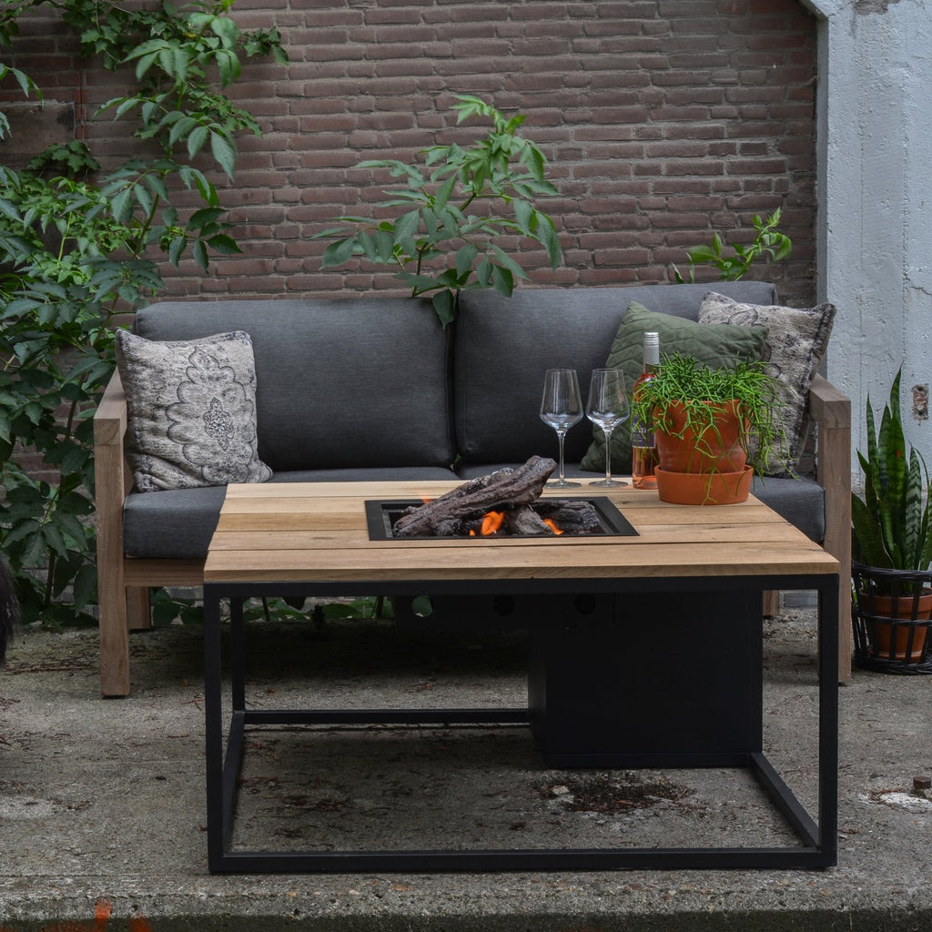 Cosi Cosiloft 100 Square Gas Fire Pit Coffee Table, Black Frame with Teak Top