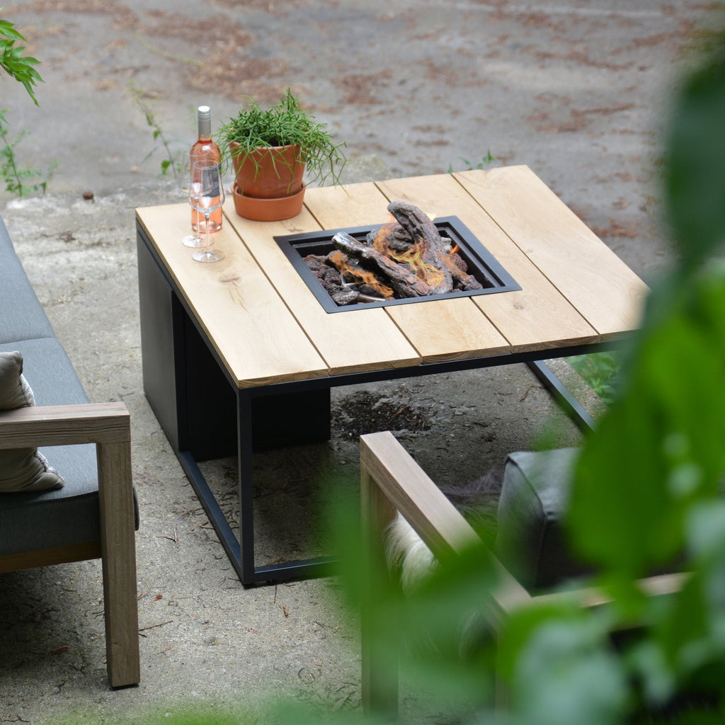 Cosi Cosiloft 100 Square Gas Fire Pit Coffee Table, Black Frame with Teak Top