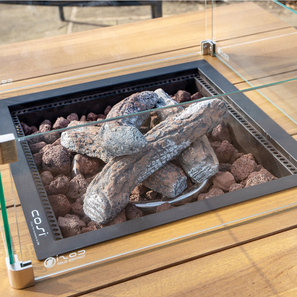 Cosi Cosiloft 100 Square Gas Fire Pit Coffee Table, Black Frame with Teak Top