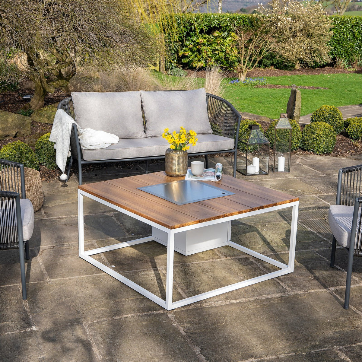 Cosi Cosiloft 100 Square Gas Fire Pit Coffee Table, White Frame with Teak Top