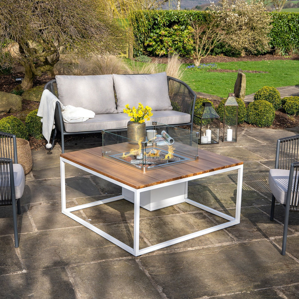 Cosi Cosiloft 100 Square Gas Fire Pit Coffee Table, White Frame with Teak Top