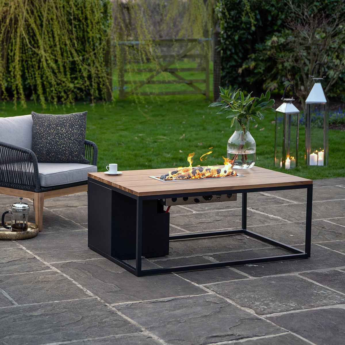 Cosi Cosiloft 120 Rectangular Gas Fire Pit Coffee Table, Black Frame with Teak Top