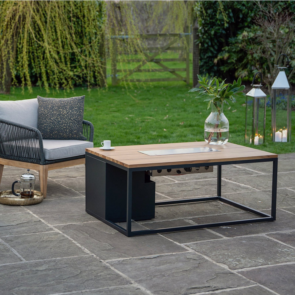 Cosi Cosiloft 120 Rectangular Gas Fire Pit Coffee Table, Black Frame with Teak Top