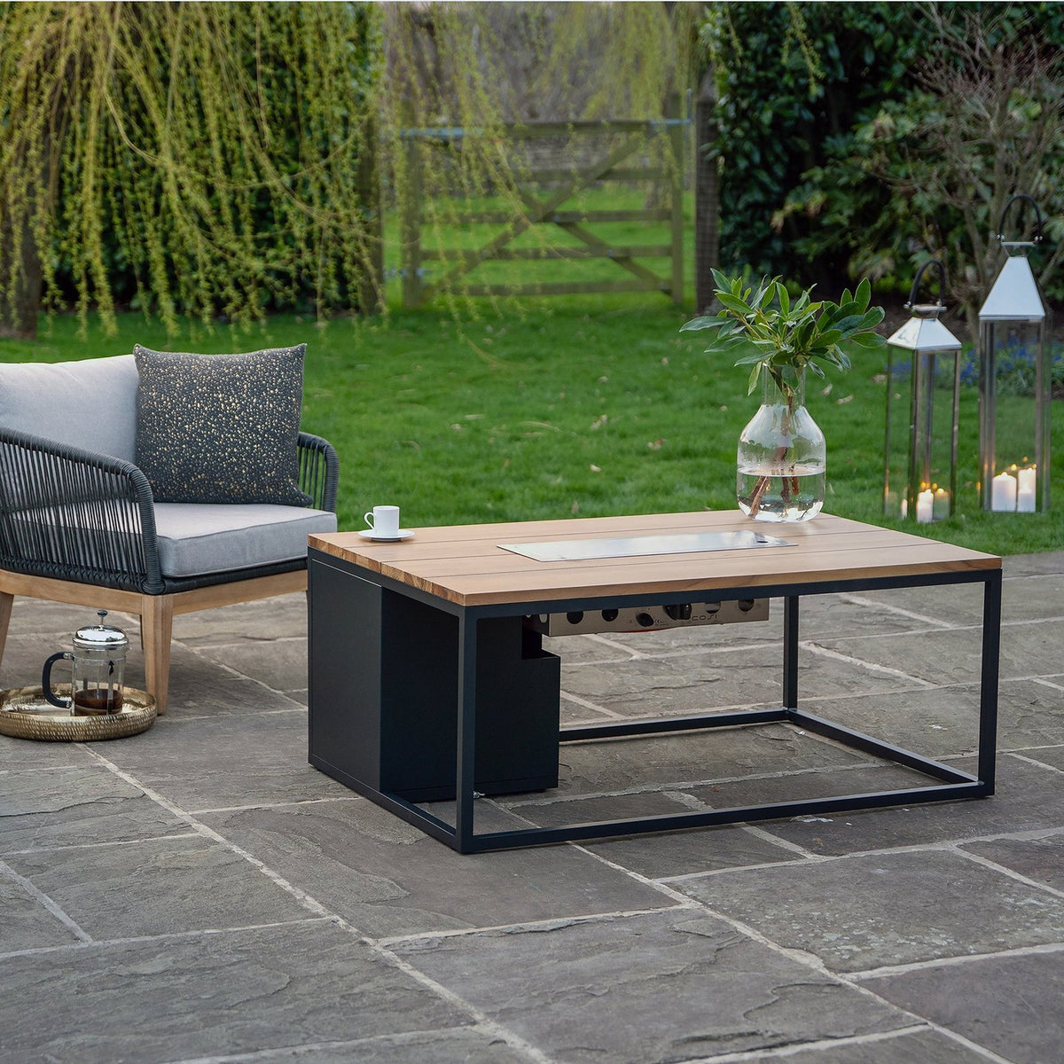 Cosi Cosiloft 120 Rectangular Gas Fire Pit Coffee Table, Black Frame with Teak Top