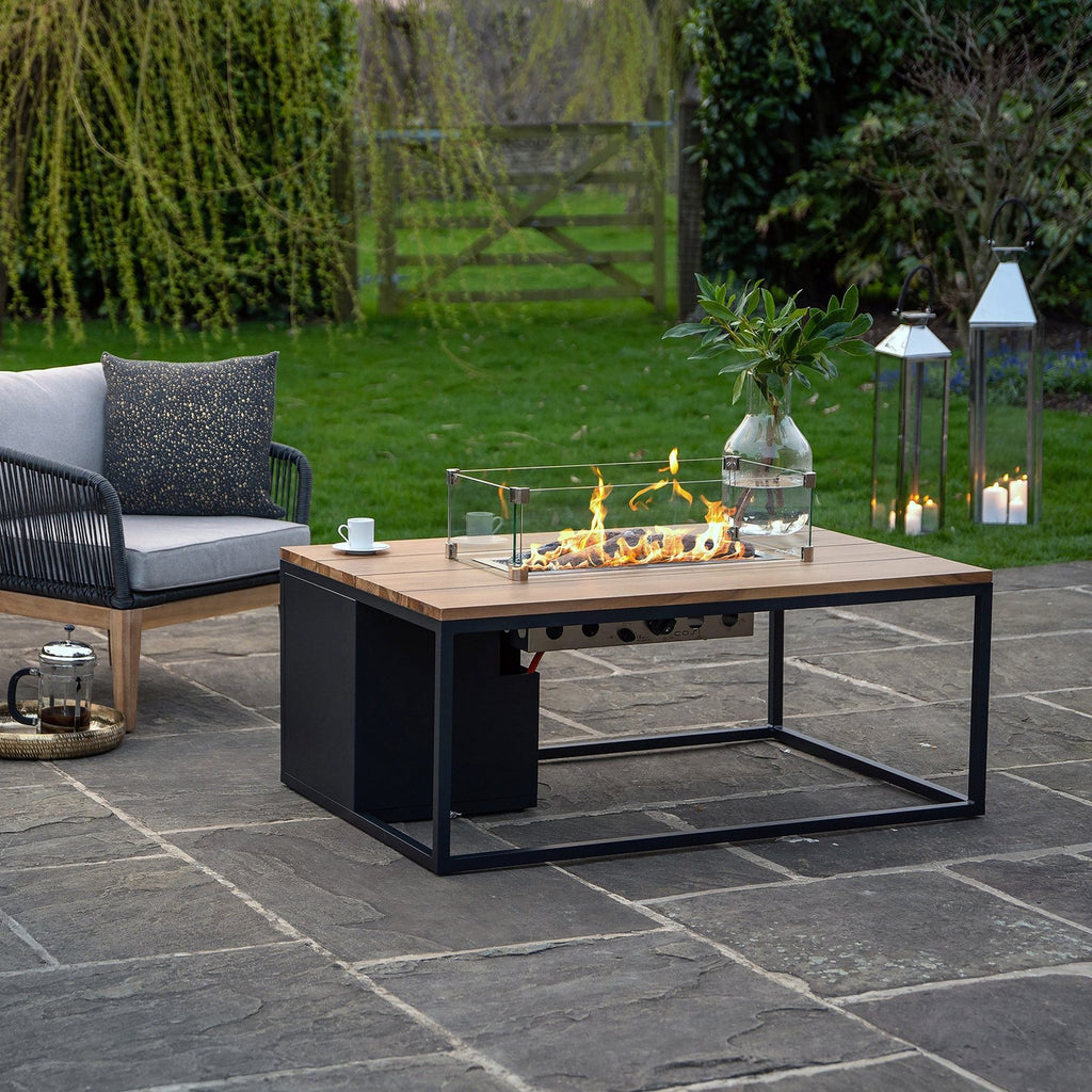 Cosi Cosiloft 120 Rectangular Gas Fire Pit Coffee Table, Black Frame with Teak Top