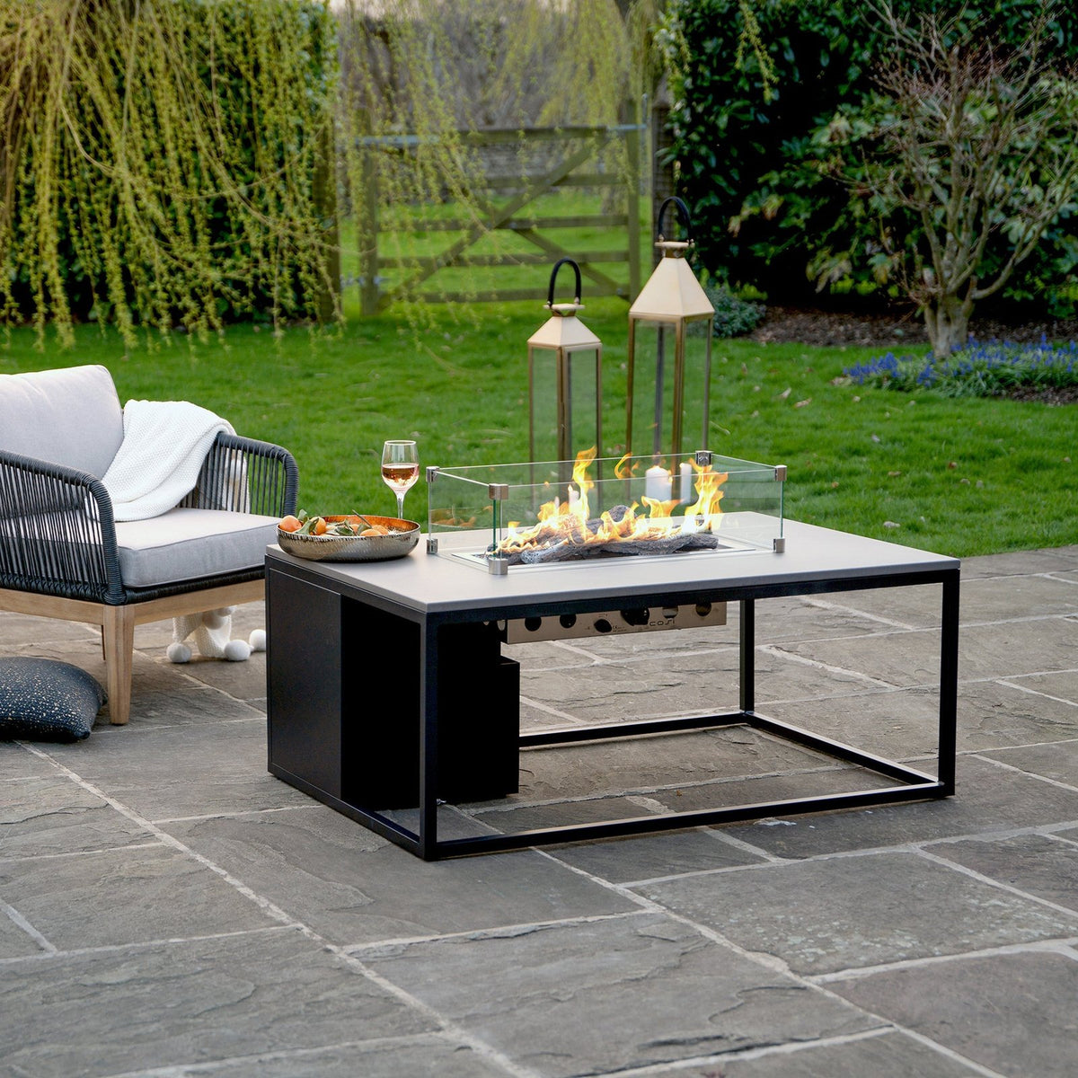 Cosi Cosiloft 120 Rectangular Gas Fire Pit Coffee Table, Black Frame with Concrete-Effect Top