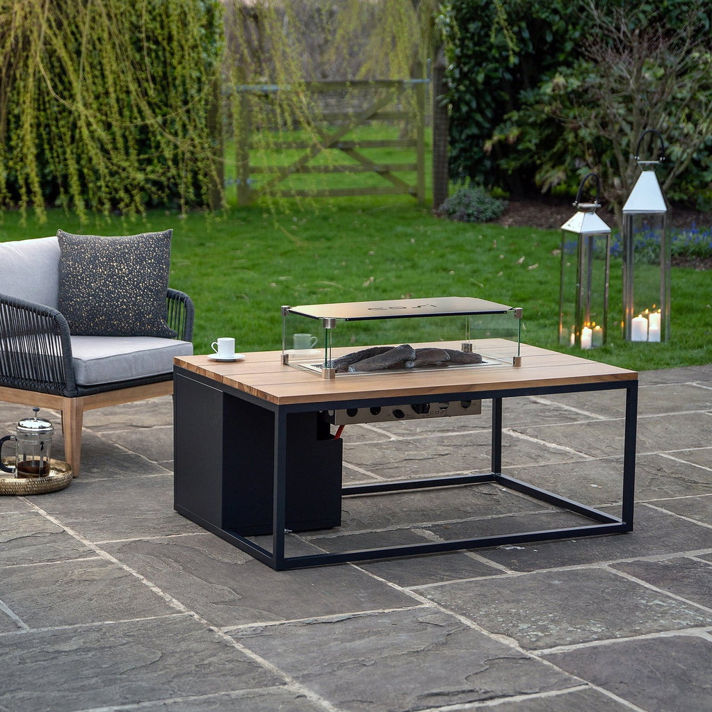 Cosi Cosiloft 120 Rectangular Gas Fire Pit Coffee Table, Black Frame with Teak Top