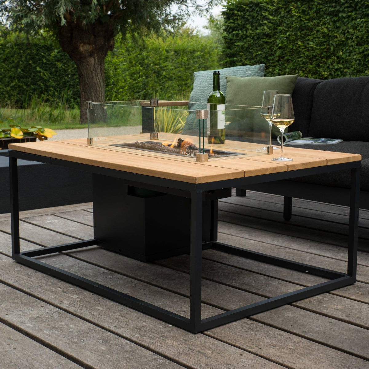 Cosi Cosiloft 120 Rectangular Gas Fire Pit Coffee Table, Black Frame with Teak Top