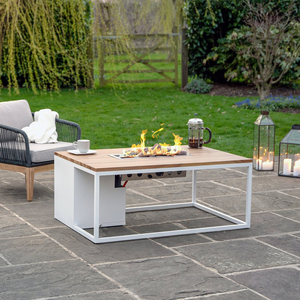 Cosi Cosiloft 120 Rectangular Gas Fire Pit Coffee Table, White Frame with Teak Top