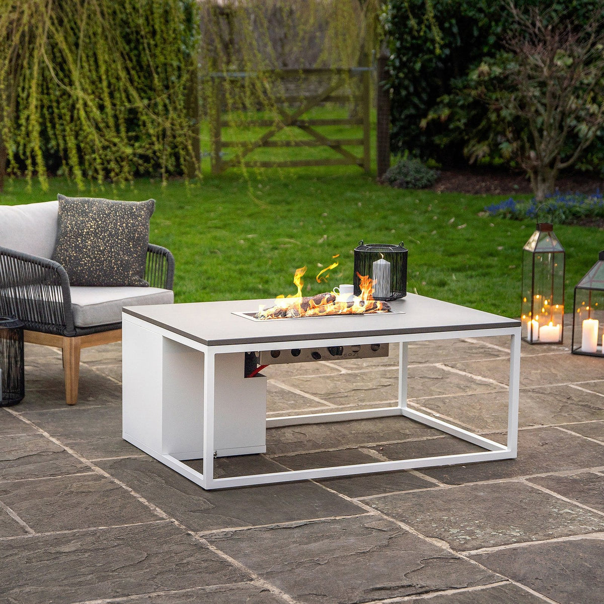Cosi Cosiloft 120 Rectangular Gas Fire Pit Coffee Table, White Frame with Concrete-Effect Top