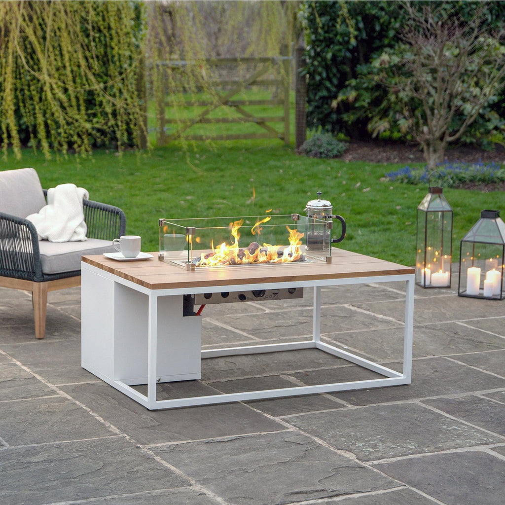 Cosi Cosiloft 120 Rectangular Gas Fire Pit Coffee Table, White Frame with Teak Top