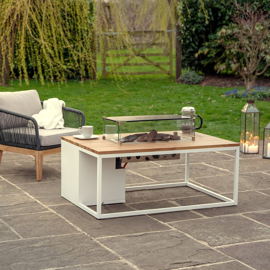 Cosi Cosiloft 120 Rectangular Gas Fire Pit Coffee Table, White Frame with Teak Top