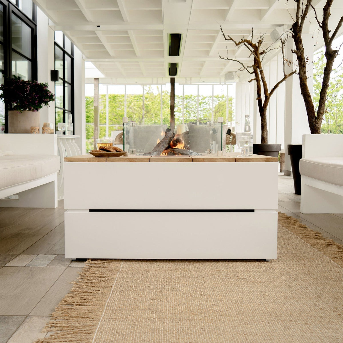 Cosi Cosipure 100 Square Gas Fire Pit Table, White Aluminium with Teak Top