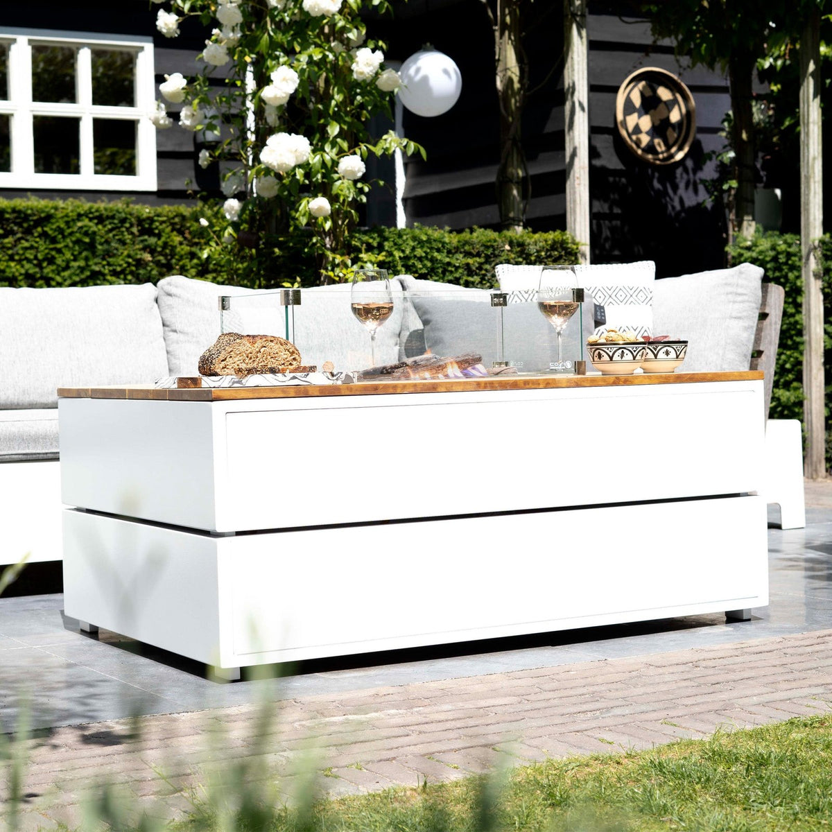 Cosi Cosipure 120 Rectangular Gas Fire Pit Table, White Aluminium with Teak Top