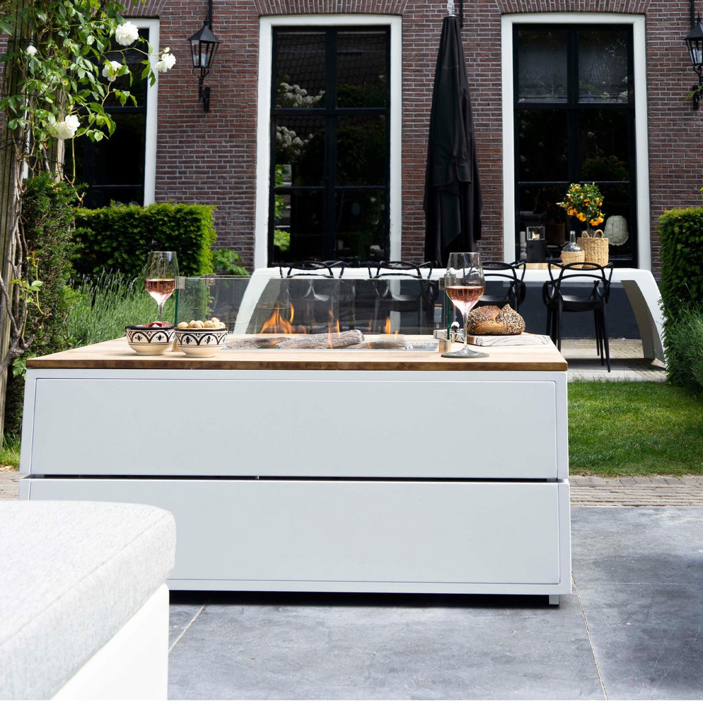 Cosi Cosipure 120 Rectangular Gas Fire Pit Table, White Aluminium with Teak Top