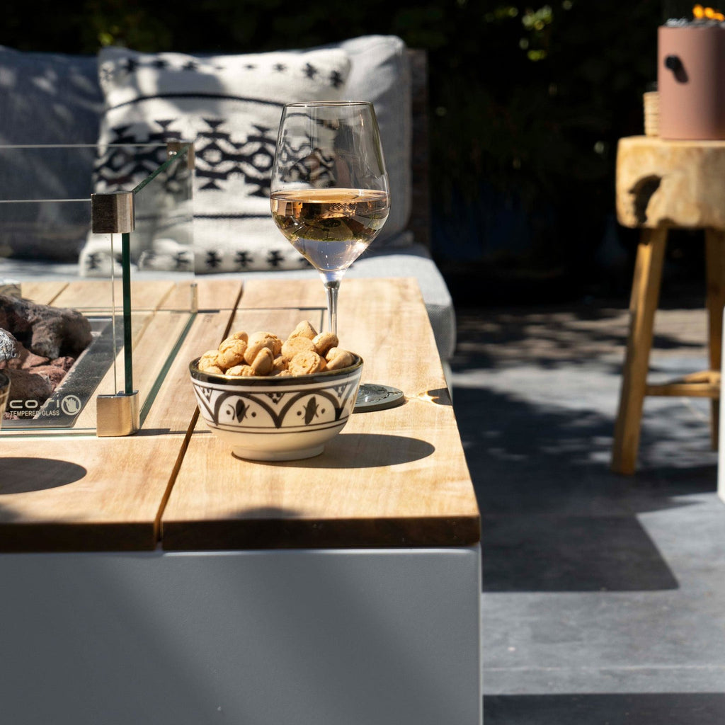 Cosi Cosipure 120 Rectangular Gas Fire Pit Table, White Aluminium with Teak Top