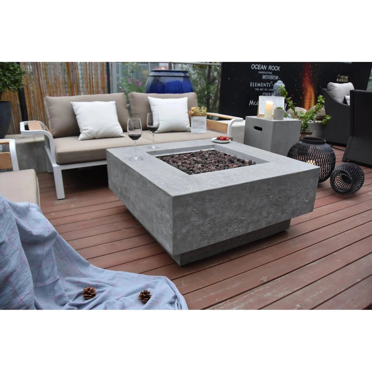 Elementi Manhattan Square Gas Fire Pit Table 13.2 kW, Light Grey