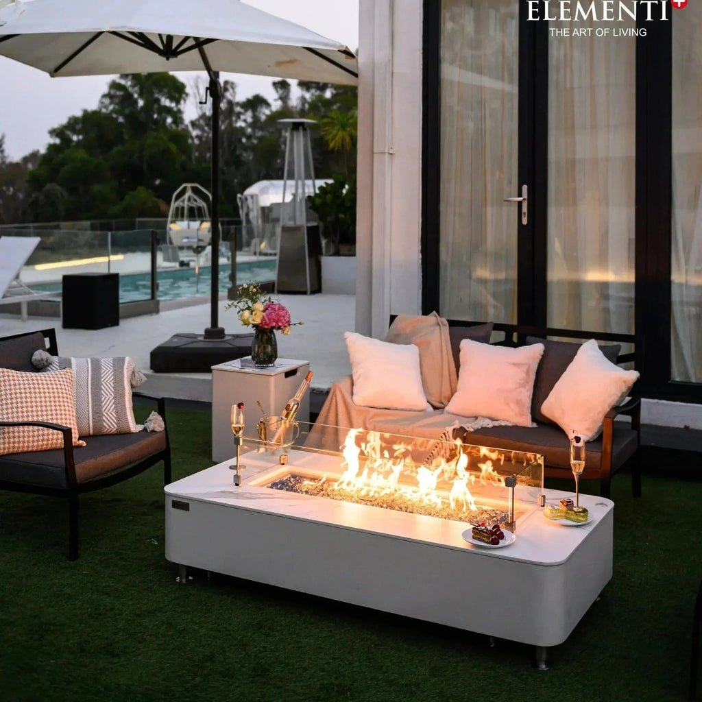 Elementi Plus Athens Rectangular Gas Fire Pit Table 16 kW, Marble Porcelain Top