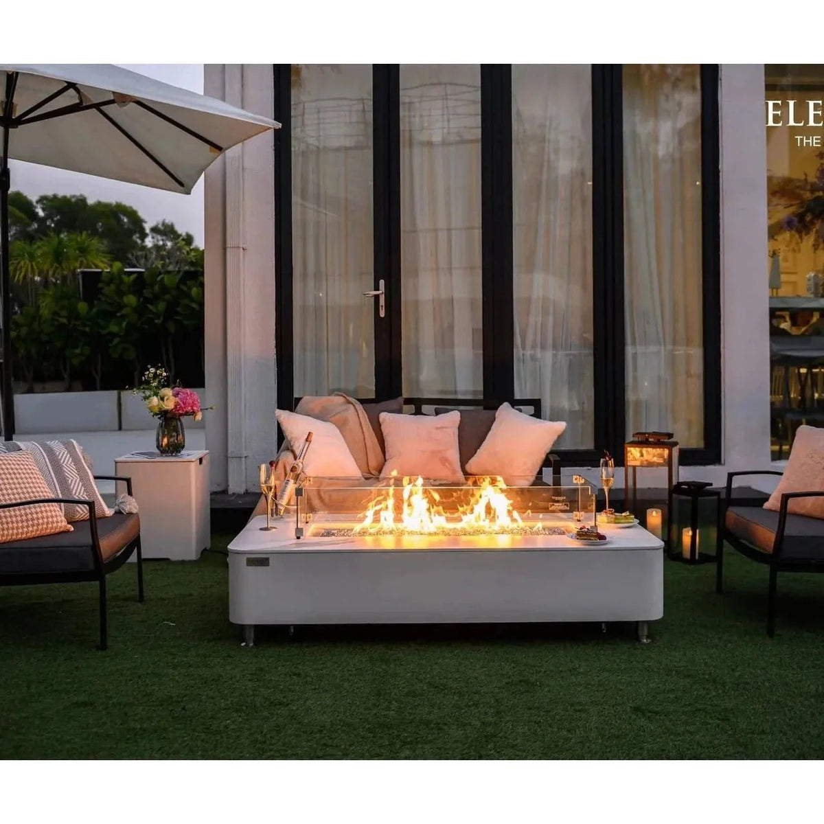 Elementi Plus Athens Rectangular Gas Fire Pit Table 16 kW, Marble Porcelain Top