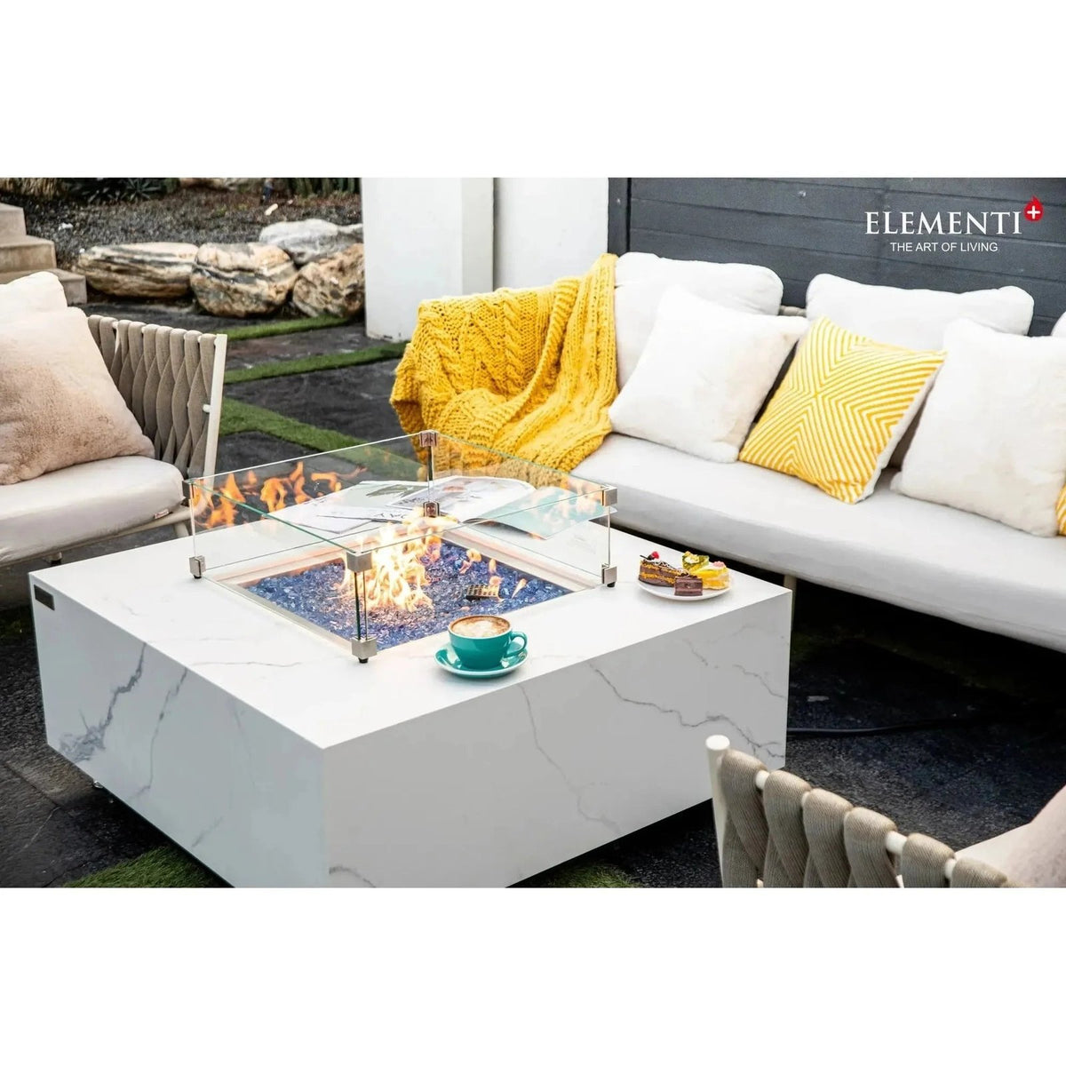 Elementi Plus Bianco Square Gas Fire Pit Table 16 kW, Marble Porcelain Top