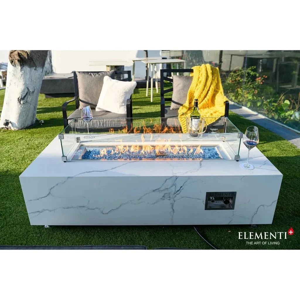 Elementi Plus Carrara Rectangular Gas Fire Pit Table 16 kW, Marble Porcelain Top