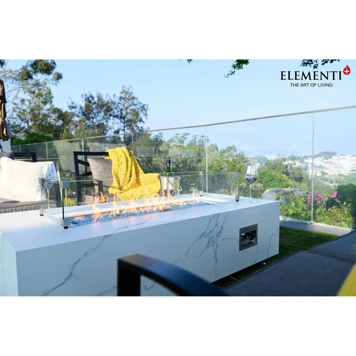 Elementi Plus Carrara Rectangular Gas Fire Pit Table 16 kW, Marble Porcelain Top