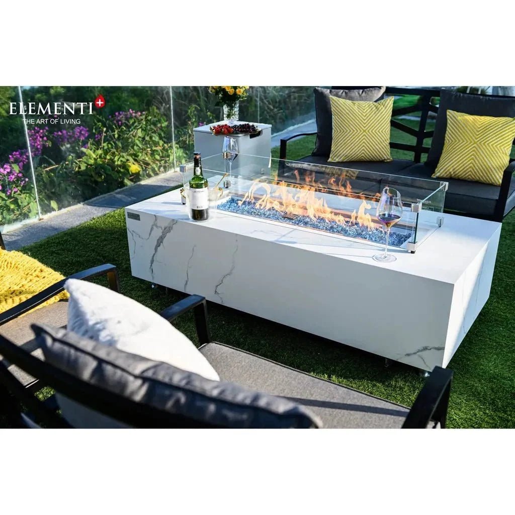 Elementi Plus Carrara Rectangular Gas Fire Pit Table 16 kW, Marble Porcelain Top