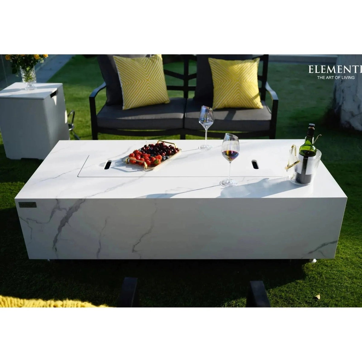 Elementi Plus Carrara Rectangular Gas Fire Pit Table 16 kW, Marble Porcelain Top
