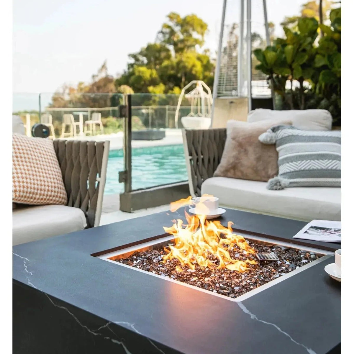 Elementi Plus Sofia Square Gas Fire Pit Table 16 kW, Black Marble Porcelain Top