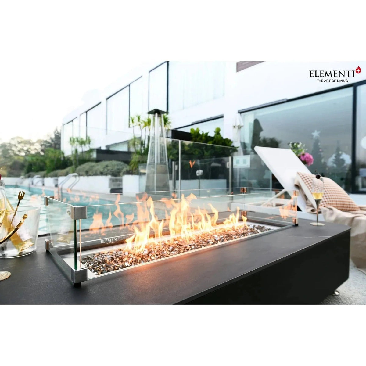 Elementi Plus Valencia Rectangular Gas Fire Pit Table 16 kW, Bulgarian Black Porcelain Top