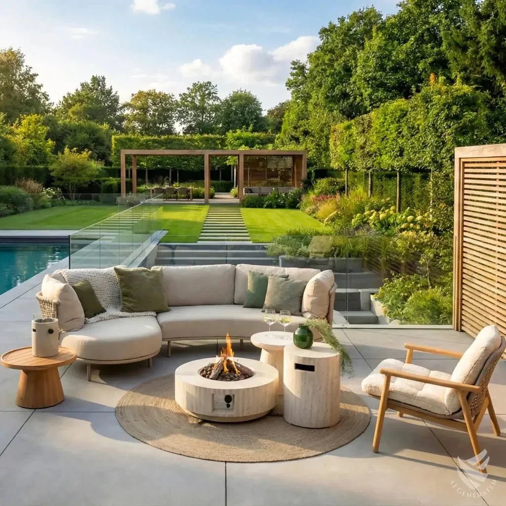 Happy Cocooning Estate Round 76 Gas Fire Pit Table, Stone-Look Composite, 13.5 kW