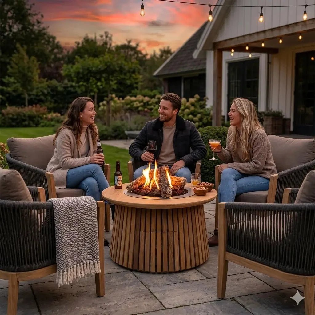 Happy Cocooning Lagune Round 60 Teak Gas Fire Pit Table, 8.5 kW