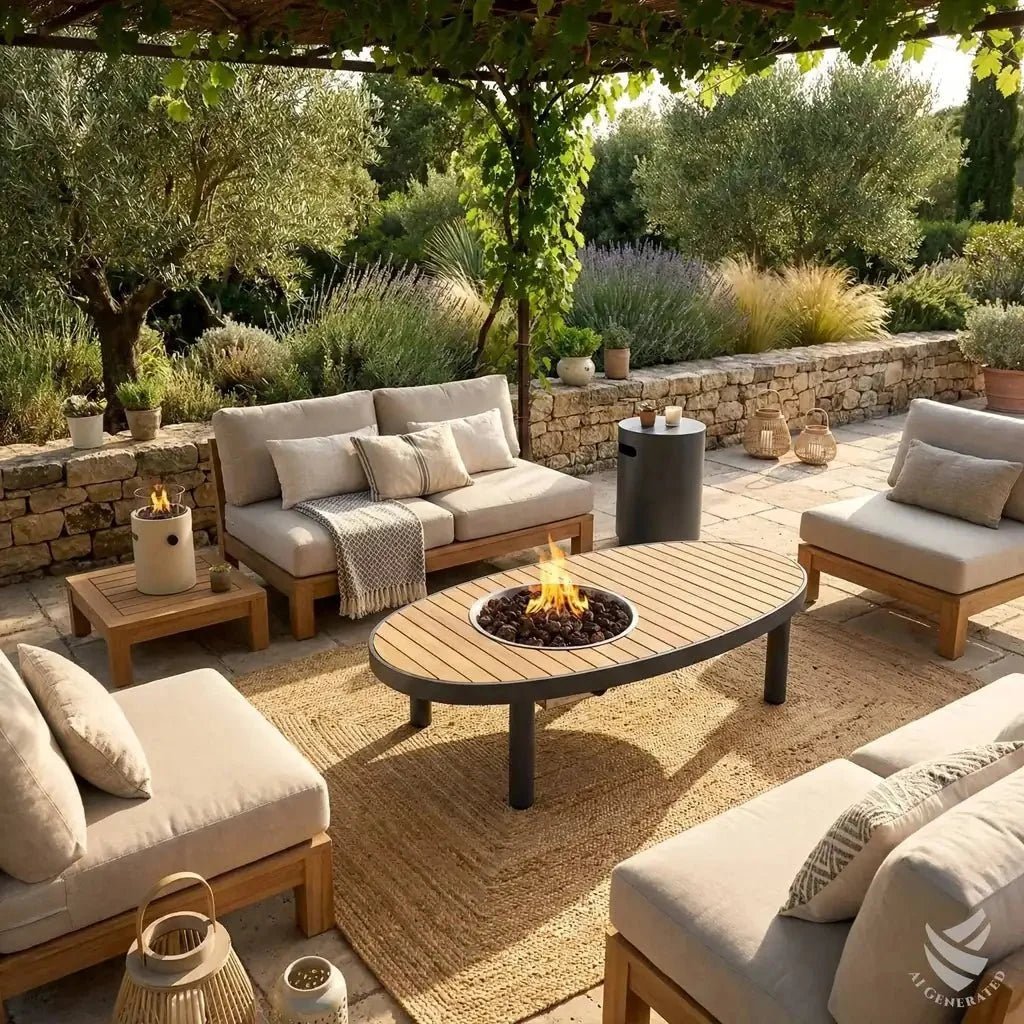 Happy Cocooning Riviera 140 Oval Gas Fire Pit Table, Acacia Wood Top, 12 kW