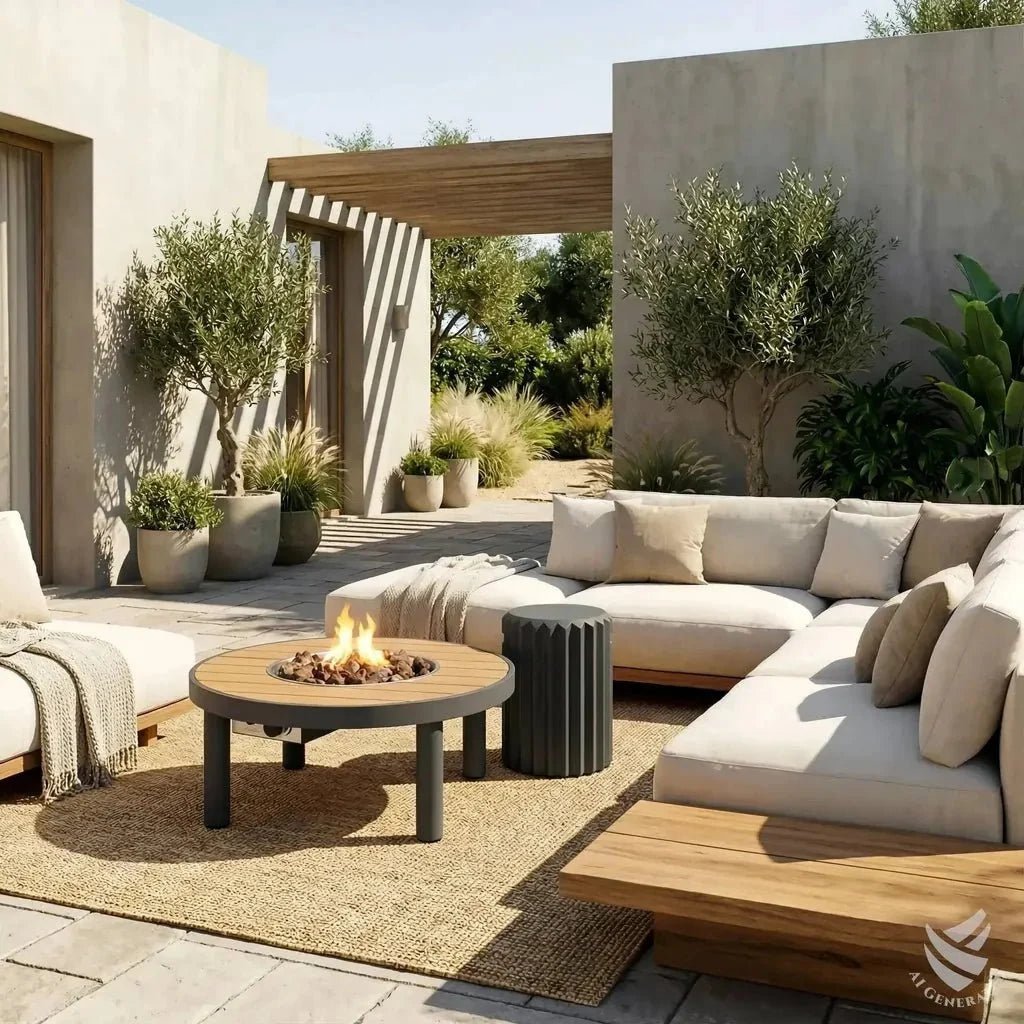 Happy Cocooning Riviera 80 Round Gas Fire Pit Table, Acacia Wood Top, 8.5 kW
