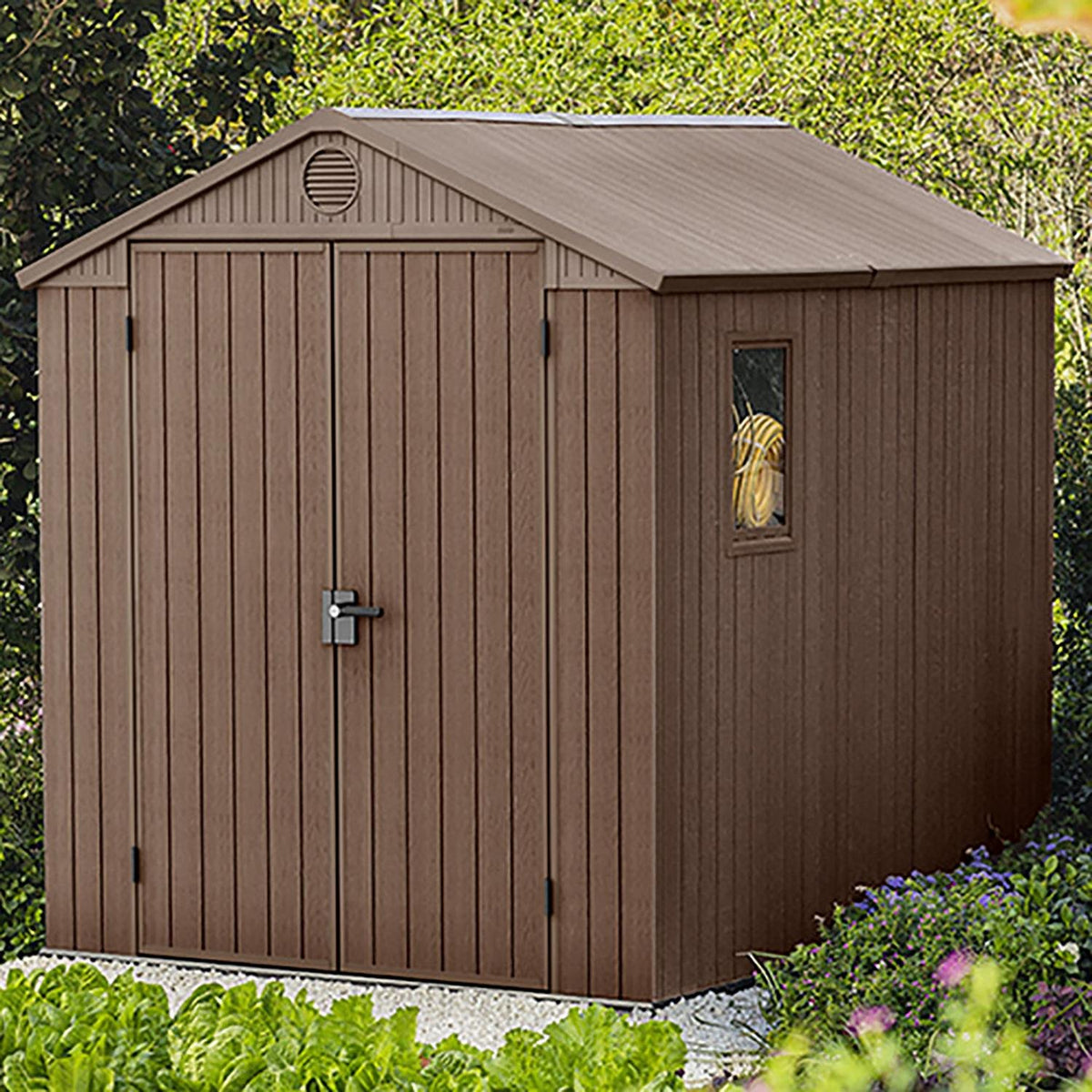 Keter Darwin 6x8 ft Apex Plastic Garden Storage Shed, Brown