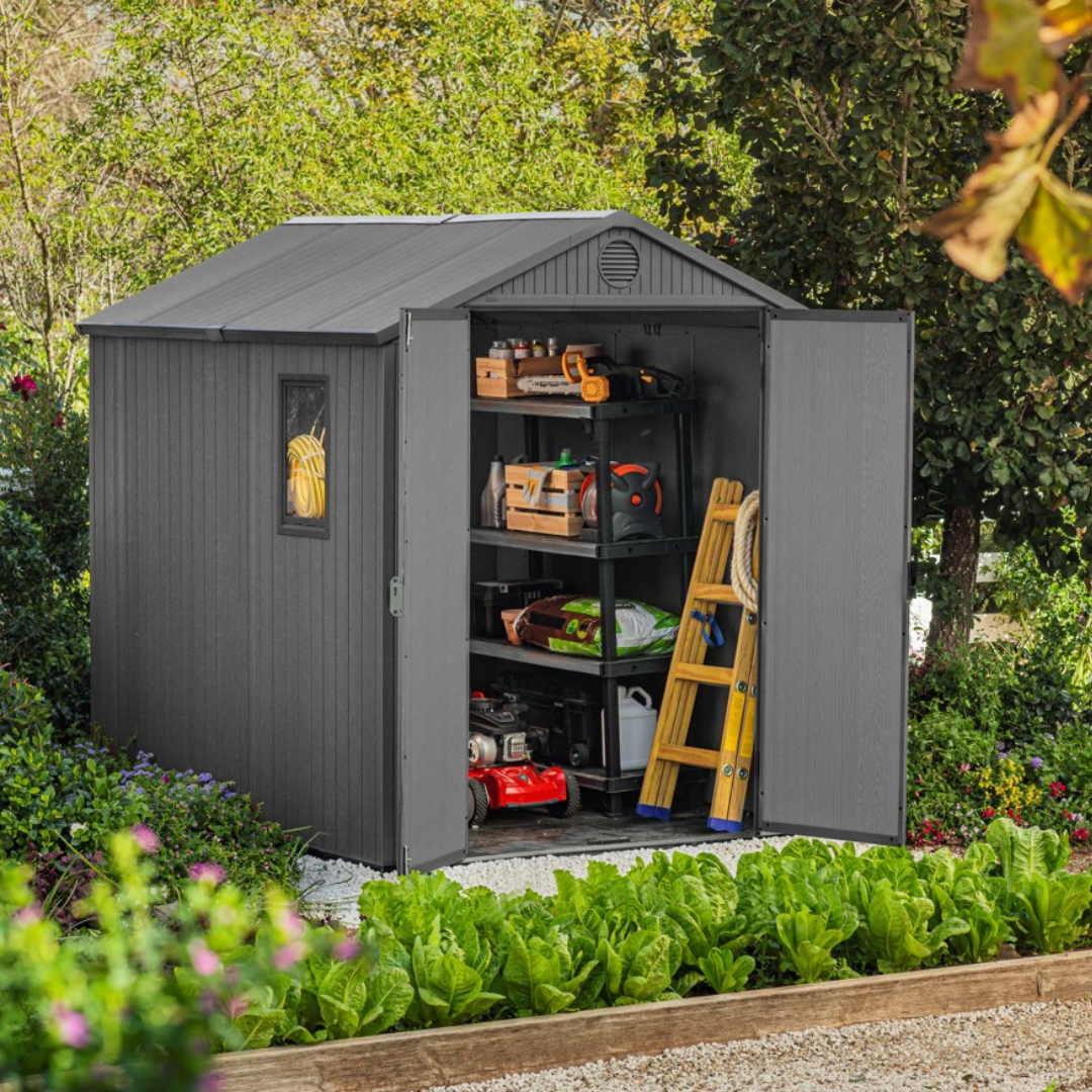 Keter Darwin 6x8 ft (1.9 x 2.4 m) Resin Garden Shed with Floor, Grey