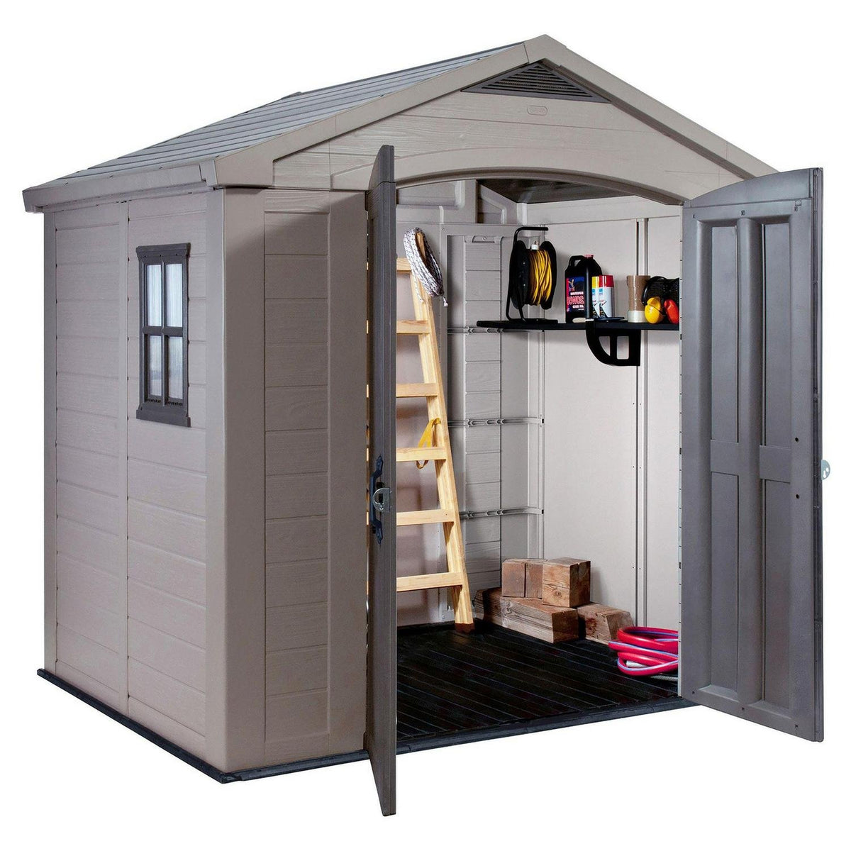 Keter Factor 8x6 ft Apex Plastic Garden Storage Shed, Beige/Brown