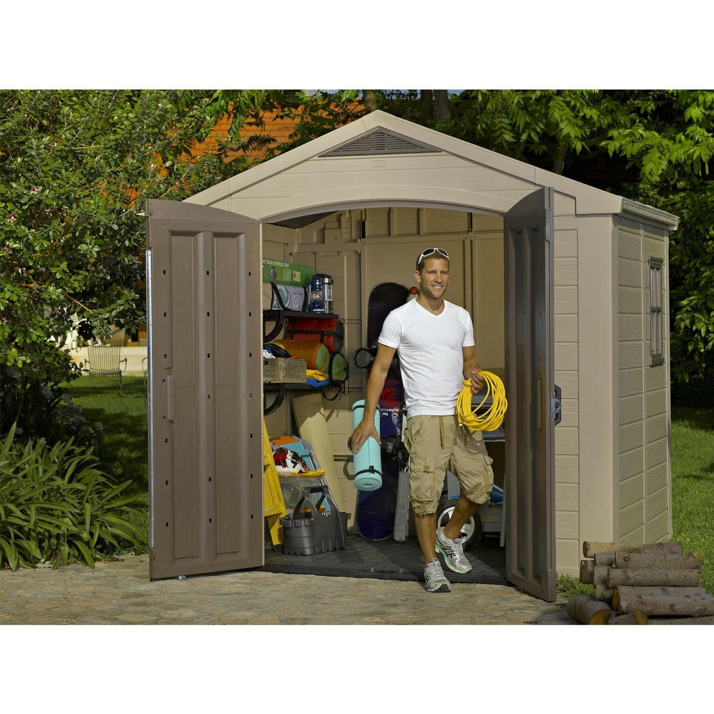 Keter Factor 8x6 ft Apex Plastic Garden Storage Shed, Beige/Brown