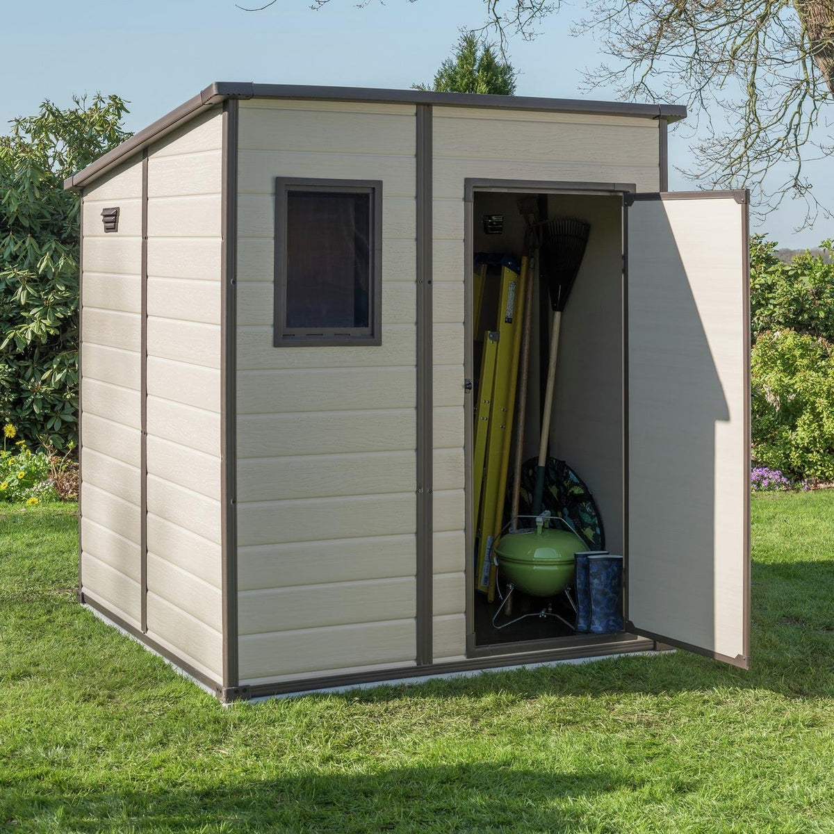 Keter Manor 6x6 ft Pent Plastic Garden Storage Shed, Brown