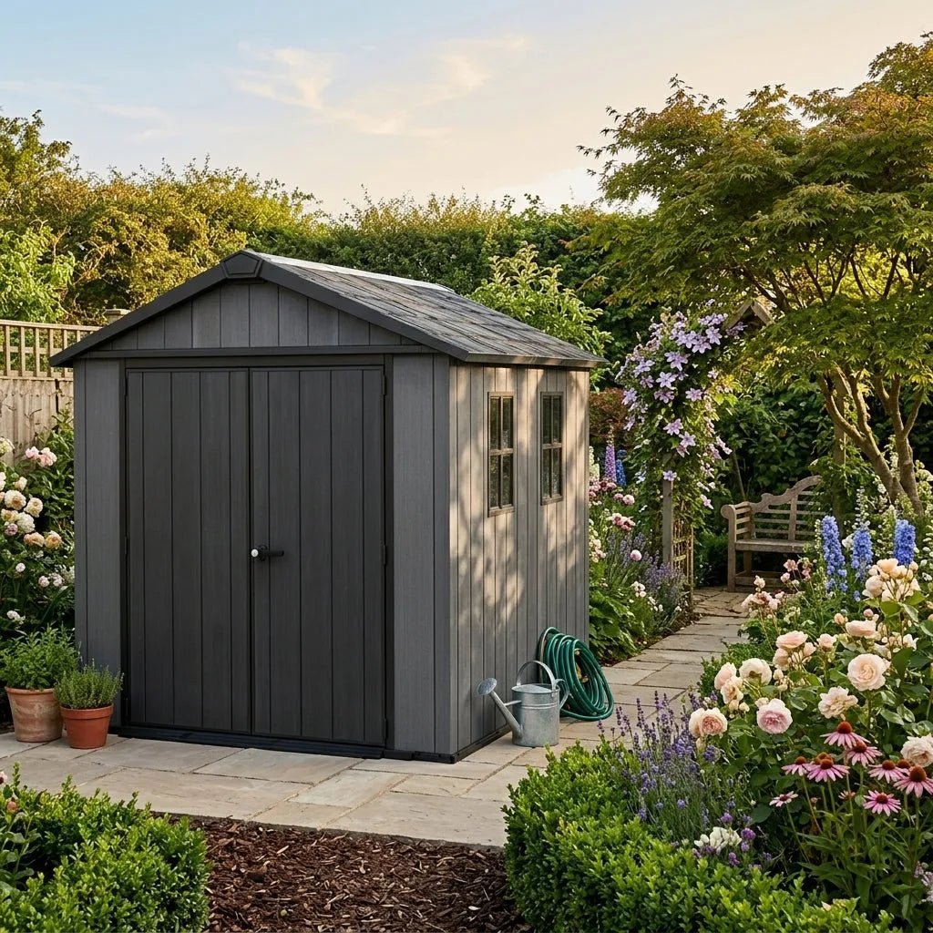 Keter Newton Plus 11x7.5 ft Side Entry Plastic Garden Shed, Graphite