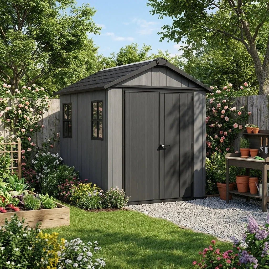 Keter Newton Plus 7x7.5 ft Side Entry Plastic Garden Shed, Dark Grey