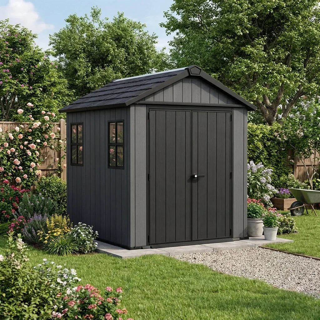 Keter Newton Plus 7x7.5 ft Side Entry Plastic Garden Shed, Dark Grey