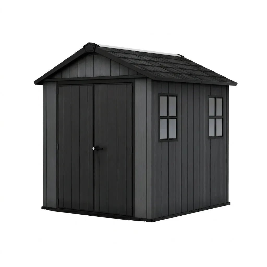 Keter Newton Plus 7x7.5 ft Side Entry Plastic Garden Shed, Dark Grey