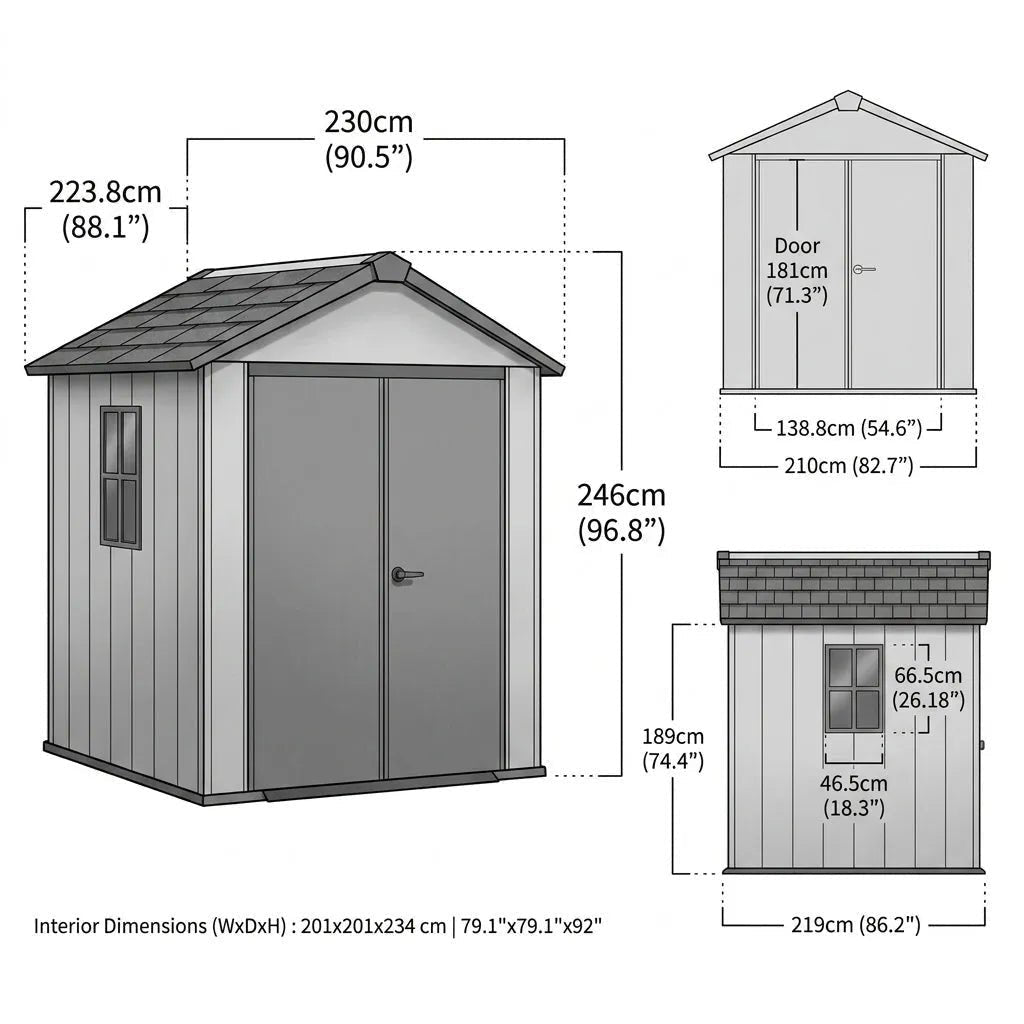 Keter Newton Plus 7x7.5 ft Side Entry Plastic Garden Shed, Dark Grey