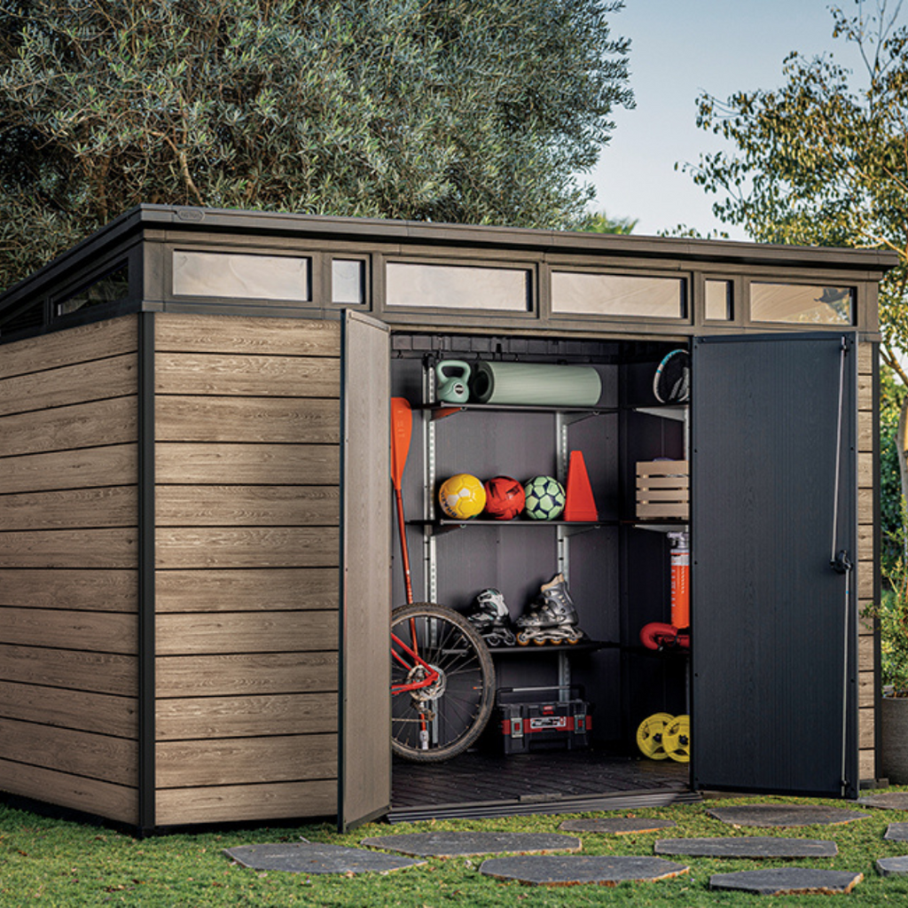 Keter Signature Collection 11x7 ft (3.4 x 2.1 m) Pent Resin Garden Shed, Ashwood